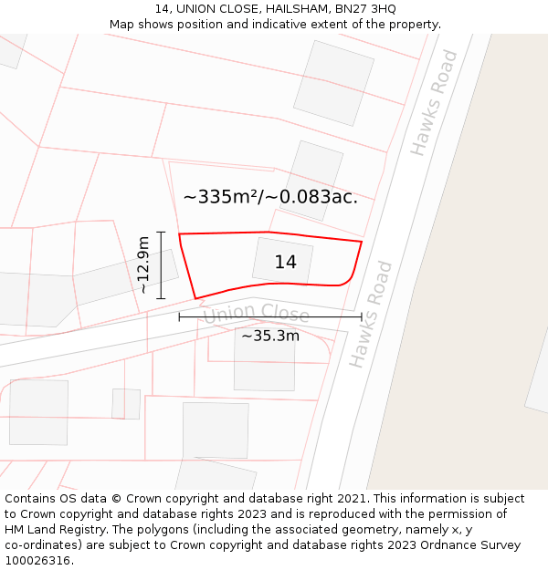 14, UNION CLOSE, HAILSHAM, BN27 3HQ: Plot and title map