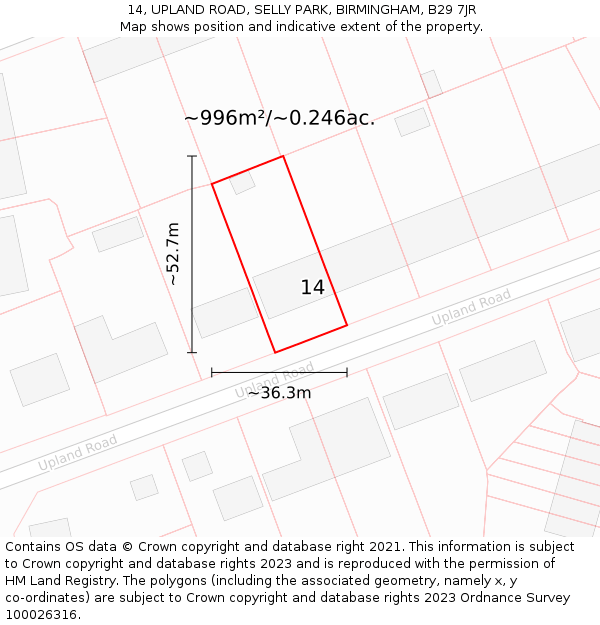 14, UPLAND ROAD, SELLY PARK, BIRMINGHAM, B29 7JR: Plot and title map