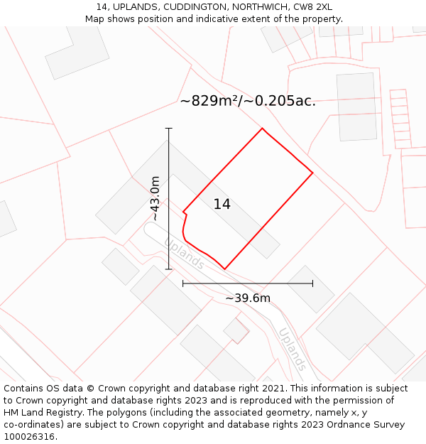 14, UPLANDS, CUDDINGTON, NORTHWICH, CW8 2XL: Plot and title map