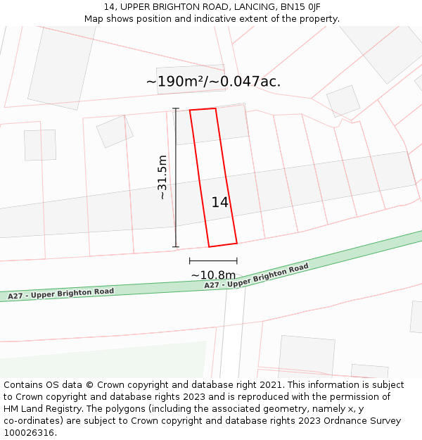 14, UPPER BRIGHTON ROAD, LANCING, BN15 0JF: Plot and title map