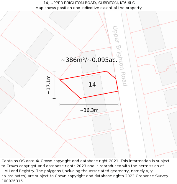 14, UPPER BRIGHTON ROAD, SURBITON, KT6 6LS: Plot and title map