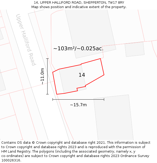14, UPPER HALLIFORD ROAD, SHEPPERTON, TW17 8RY: Plot and title map
