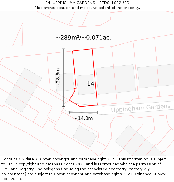 14, UPPINGHAM GARDENS, LEEDS, LS12 6FD: Plot and title map