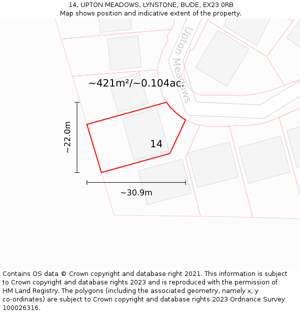 14, UPTON MEADOWS, LYNSTONE, BUDE, EX23 0RB: Plot and title map