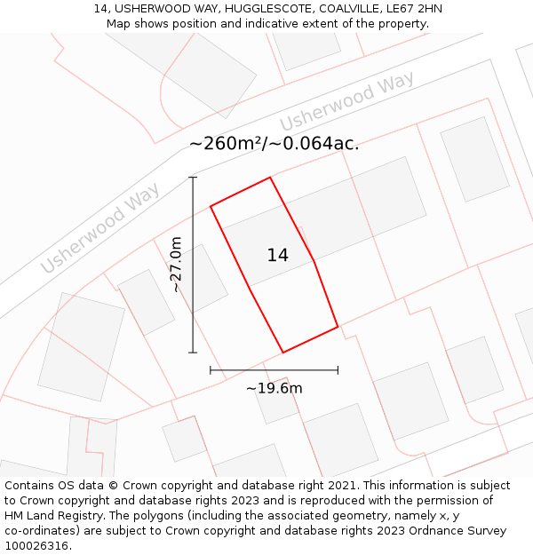 14, USHERWOOD WAY, HUGGLESCOTE, COALVILLE, LE67 2HN: Plot and title map