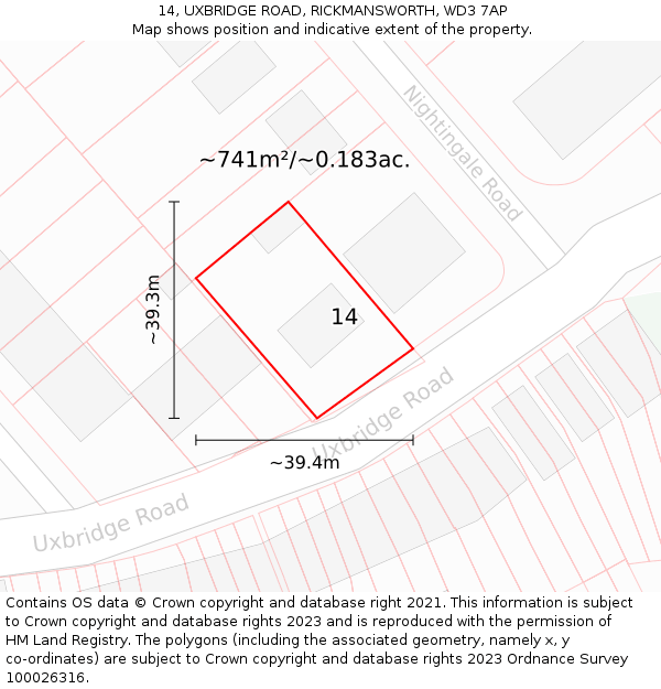 14, UXBRIDGE ROAD, RICKMANSWORTH, WD3 7AP: Plot and title map
