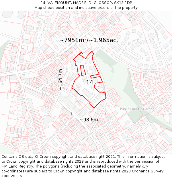 14, VALEMOUNT, HADFIELD, GLOSSOP, SK13 1DP: Plot and title map