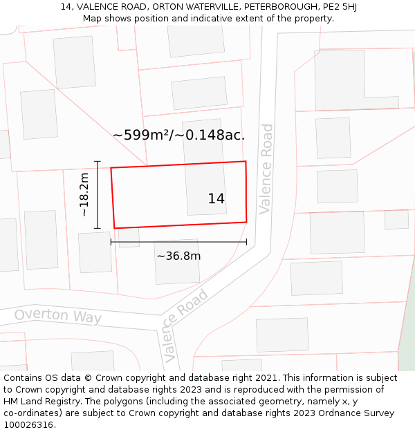 14, VALENCE ROAD, ORTON WATERVILLE, PETERBOROUGH, PE2 5HJ: Plot and title map