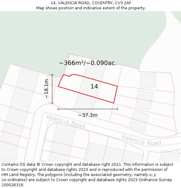 14, VALENCIA ROAD, COVENTRY, CV3 2AF: Plot and title map