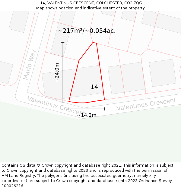 14, VALENTINUS CRESCENT, COLCHESTER, CO2 7QG: Plot and title map