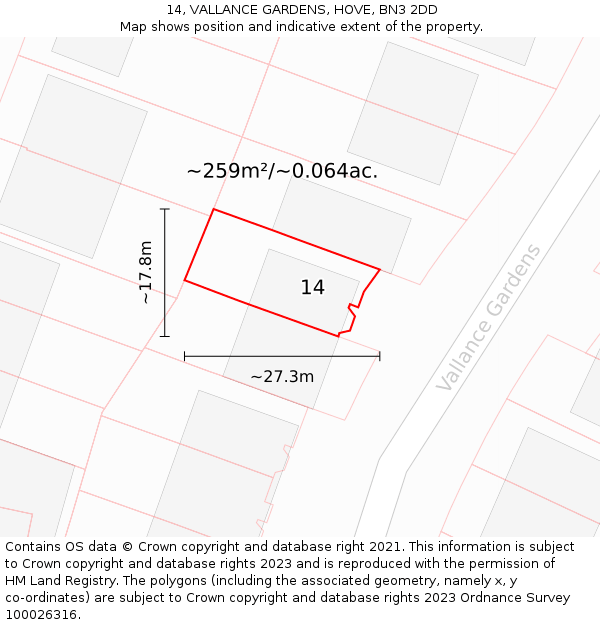 14, VALLANCE GARDENS, HOVE, BN3 2DD: Plot and title map