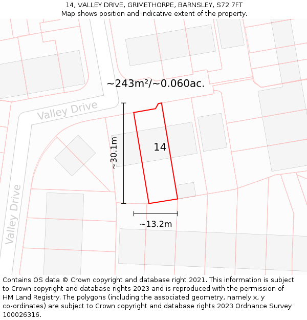 14, VALLEY DRIVE, GRIMETHORPE, BARNSLEY, S72 7FT: Plot and title map