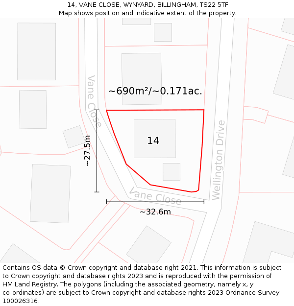 14, VANE CLOSE, WYNYARD, BILLINGHAM, TS22 5TF: Plot and title map