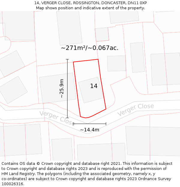 14, VERGER CLOSE, ROSSINGTON, DONCASTER, DN11 0XP: Plot and title map