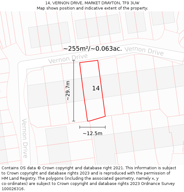 14, VERNON DRIVE, MARKET DRAYTON, TF9 3UW: Plot and title map