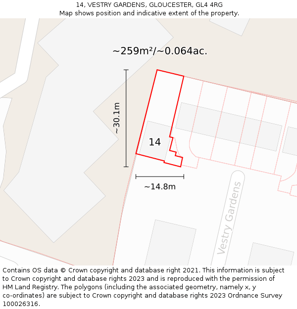 14, VESTRY GARDENS, GLOUCESTER, GL4 4RG: Plot and title map