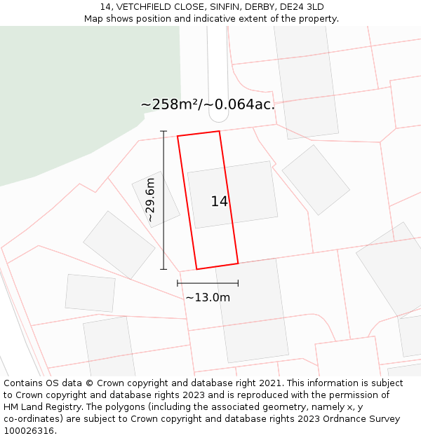 14, VETCHFIELD CLOSE, SINFIN, DERBY, DE24 3LD: Plot and title map