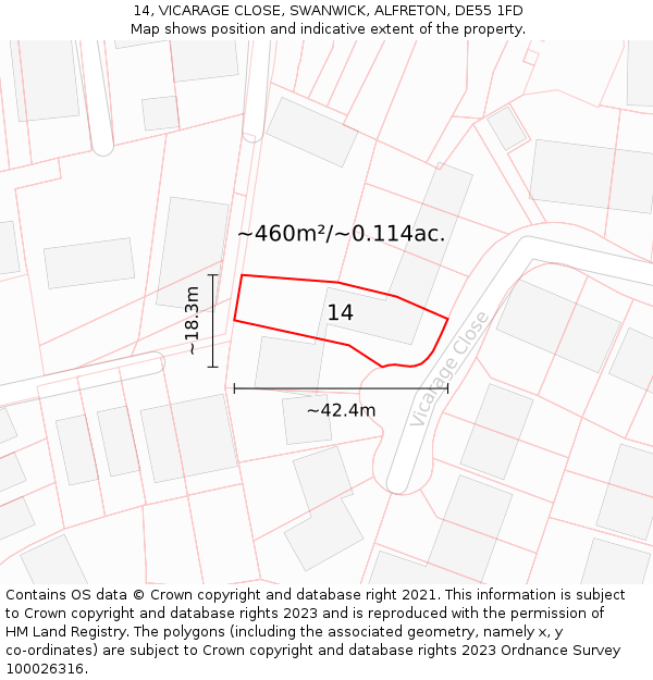 14, VICARAGE CLOSE, SWANWICK, ALFRETON, DE55 1FD: Plot and title map