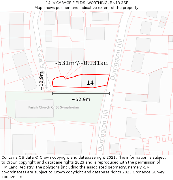 14, VICARAGE FIELDS, WORTHING, BN13 3SF: Plot and title map
