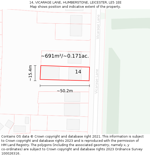 14, VICARAGE LANE, HUMBERSTONE, LEICESTER, LE5 1EE: Plot and title map