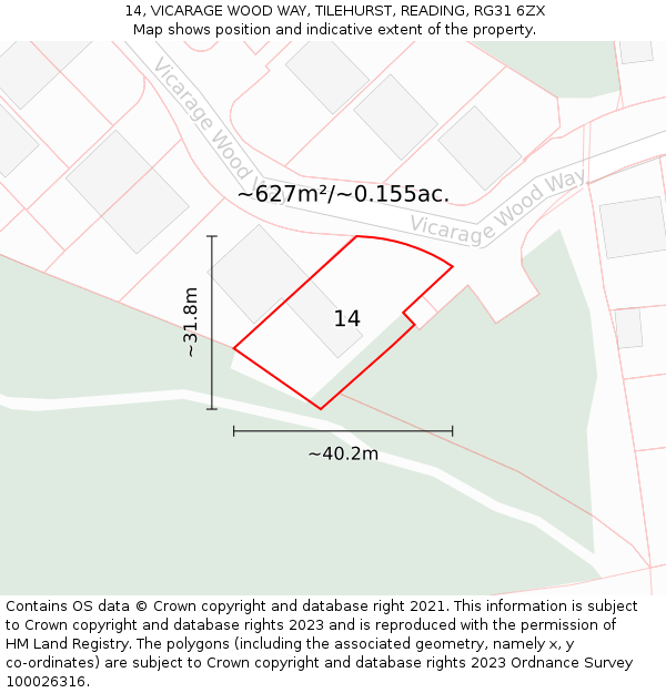 14, VICARAGE WOOD WAY, TILEHURST, READING, RG31 6ZX: Plot and title map