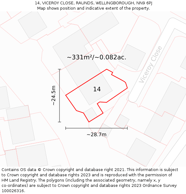14, VICEROY CLOSE, RAUNDS, WELLINGBOROUGH, NN9 6PJ: Plot and title map
