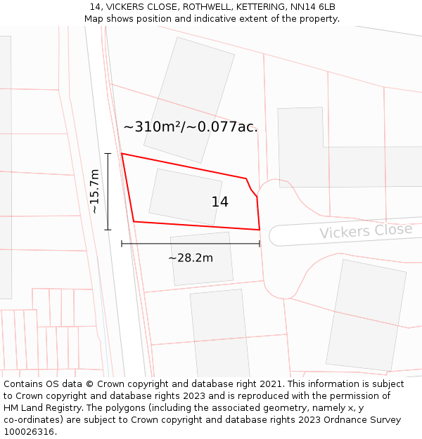 14, VICKERS CLOSE, ROTHWELL, KETTERING, NN14 6LB: Plot and title map