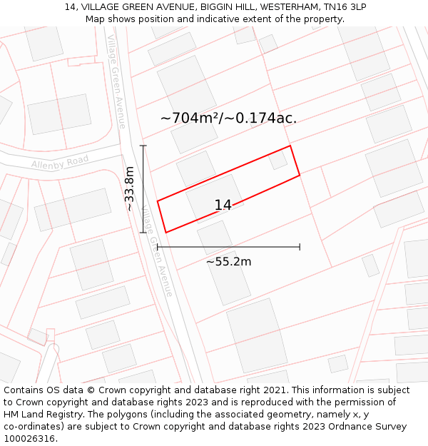 14, VILLAGE GREEN AVENUE, BIGGIN HILL, WESTERHAM, TN16 3LP: Plot and title map