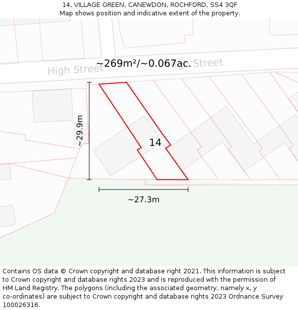 14, VILLAGE GREEN, CANEWDON, ROCHFORD, SS4 3QF: Plot and title map