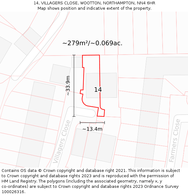 14, VILLAGERS CLOSE, WOOTTON, NORTHAMPTON, NN4 6HR: Plot and title map