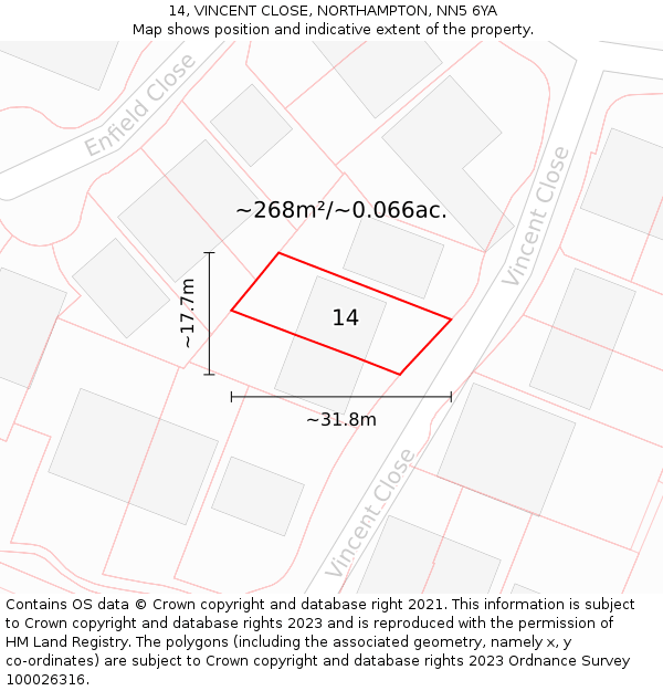 14, VINCENT CLOSE, NORTHAMPTON, NN5 6YA: Plot and title map