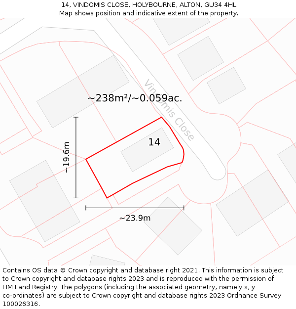 14, VINDOMIS CLOSE, HOLYBOURNE, ALTON, GU34 4HL: Plot and title map