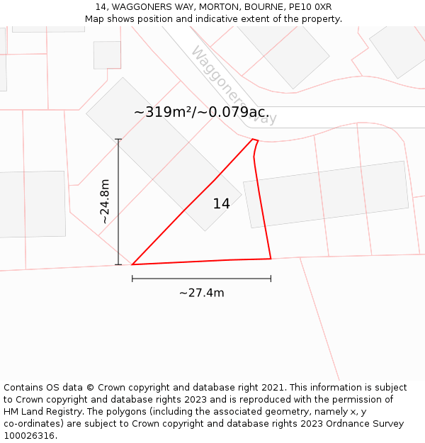 14, WAGGONERS WAY, MORTON, BOURNE, PE10 0XR: Plot and title map