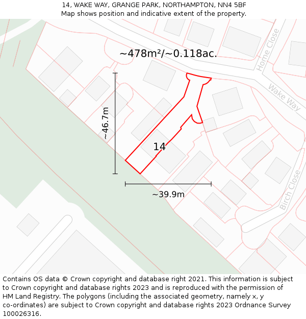 14, WAKE WAY, GRANGE PARK, NORTHAMPTON, NN4 5BF: Plot and title map