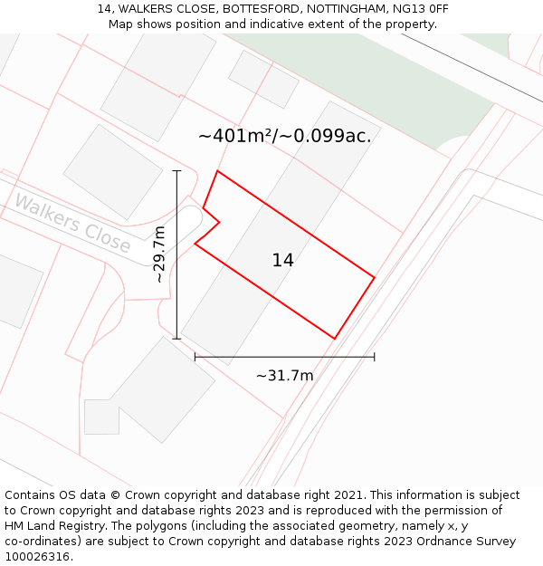 14, WALKERS CLOSE, BOTTESFORD, NOTTINGHAM, NG13 0FF: Plot and title map