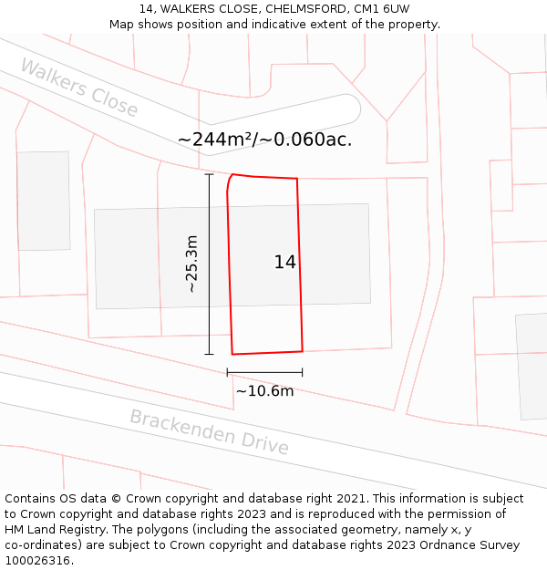 14, WALKERS CLOSE, CHELMSFORD, CM1 6UW: Plot and title map