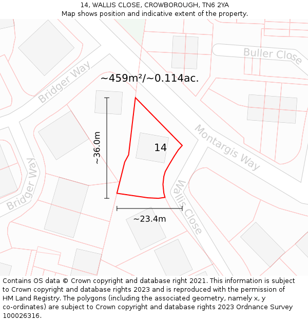 14, WALLIS CLOSE, CROWBOROUGH, TN6 2YA: Plot and title map