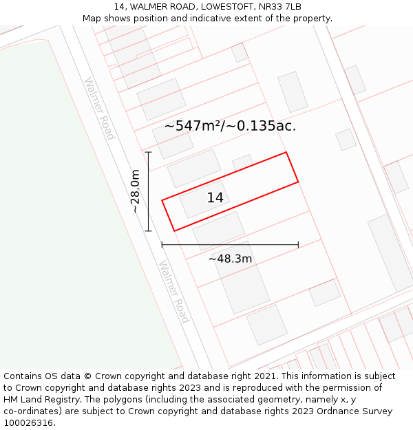 14, WALMER ROAD, LOWESTOFT, NR33 7LB: Plot and title map