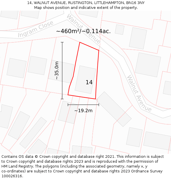 14, WALNUT AVENUE, RUSTINGTON, LITTLEHAMPTON, BN16 3NY: Plot and title map