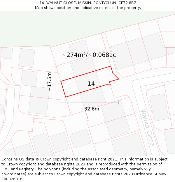 14, WALNUT CLOSE, MISKIN, PONTYCLUN, CF72 8RZ: Plot and title map