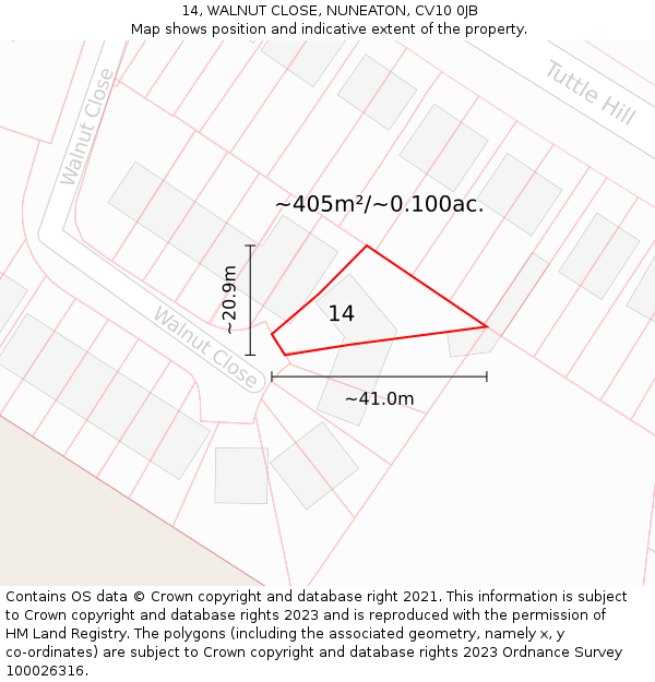 14, WALNUT CLOSE, NUNEATON, CV10 0JB: Plot and title map