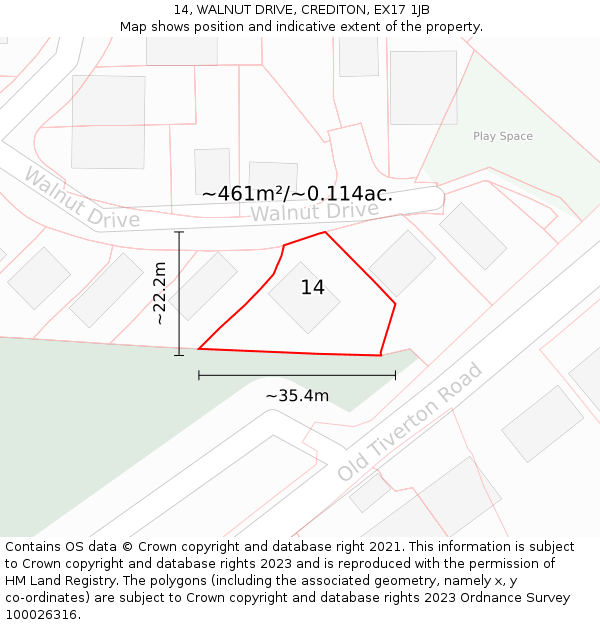 14, WALNUT DRIVE, CREDITON, EX17 1JB: Plot and title map