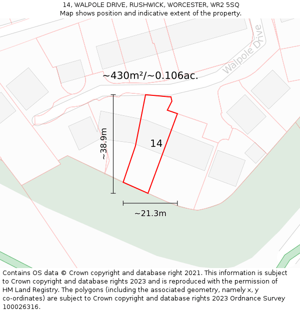 14, WALPOLE DRIVE, RUSHWICK, WORCESTER, WR2 5SQ: Plot and title map