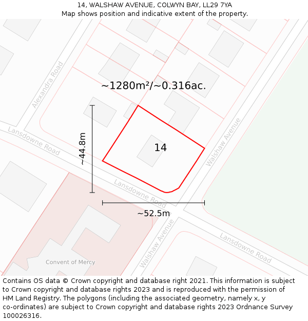 14, WALSHAW AVENUE, COLWYN BAY, LL29 7YA: Plot and title map