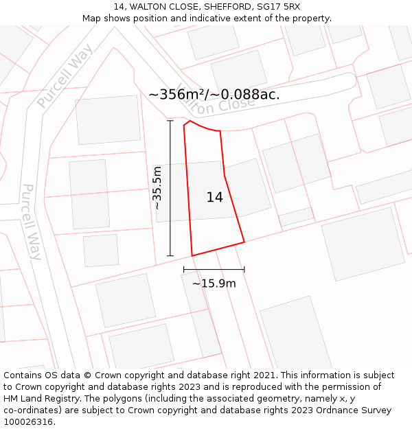 14, WALTON CLOSE, SHEFFORD, SG17 5RX: Plot and title map