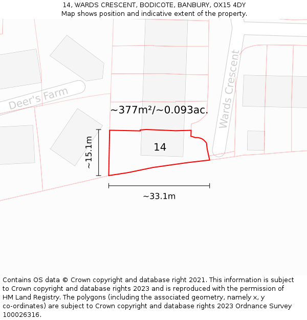 14, WARDS CRESCENT, BODICOTE, BANBURY, OX15 4DY: Plot and title map