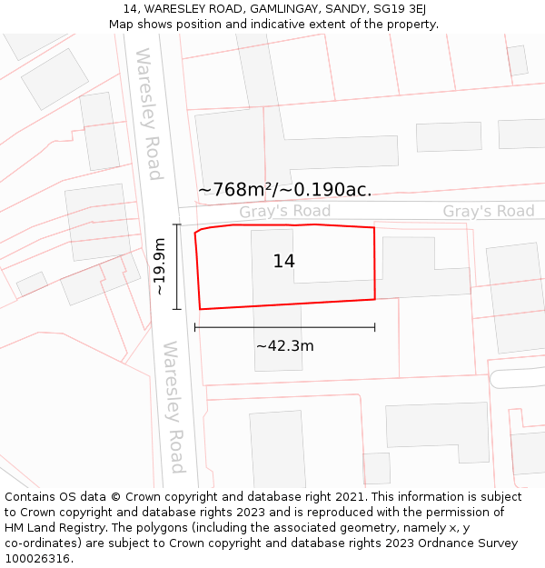 14, WARESLEY ROAD, GAMLINGAY, SANDY, SG19 3EJ: Plot and title map