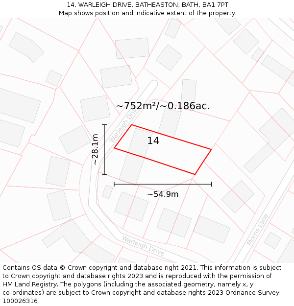 14, WARLEIGH DRIVE, BATHEASTON, BATH, BA1 7PT: Plot and title map