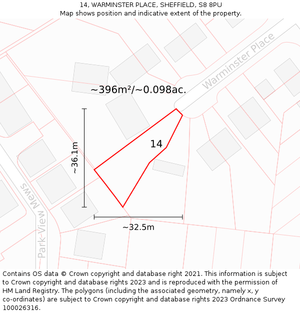 14, WARMINSTER PLACE, SHEFFIELD, S8 8PU: Plot and title map