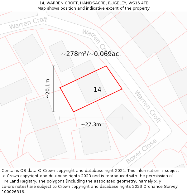 14, WARREN CROFT, HANDSACRE, RUGELEY, WS15 4TB: Plot and title map